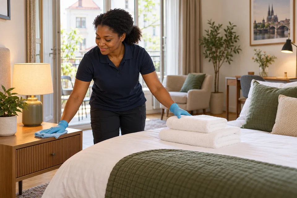 Airbnb-Reinigung – Reinigungskraft bei der Arbeit