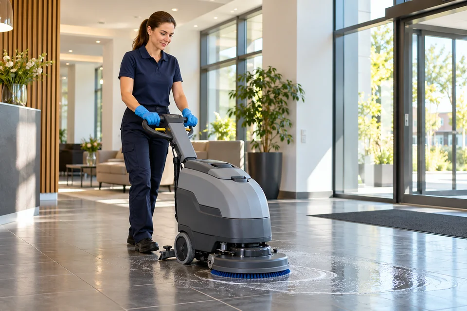 Bodenreinigung – Reinigungskraft bei der Arbeit