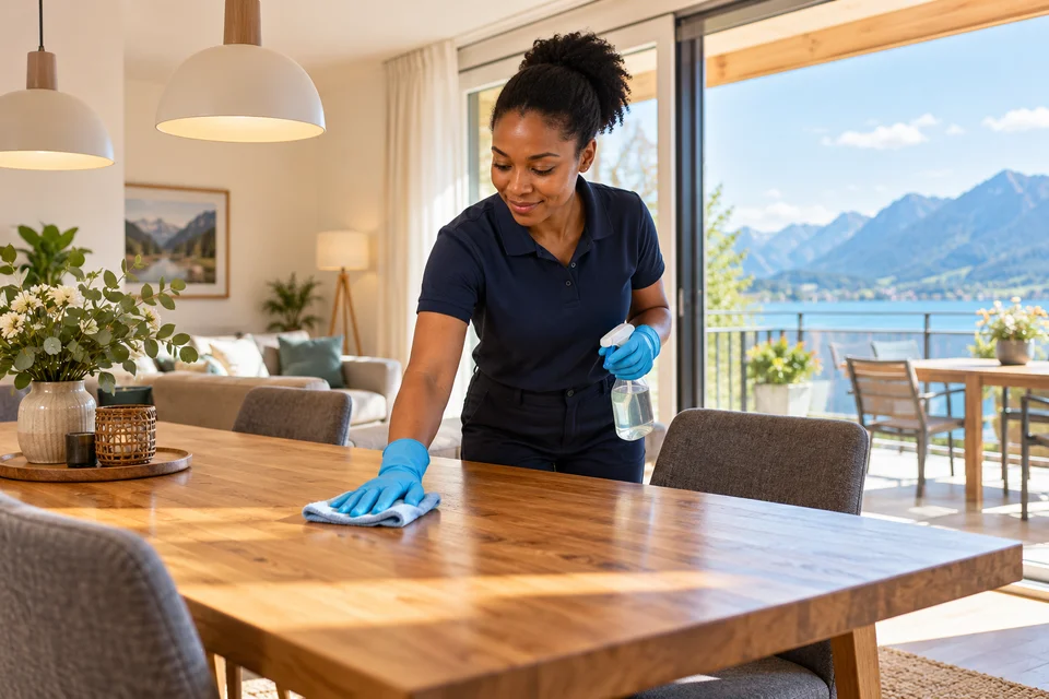 Ferienwohnungsreinigung – Reinigungskraft bei der Arbeit