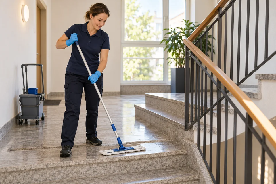 Treppenhausreinigung – Reinigungskraft bei der Arbeit
